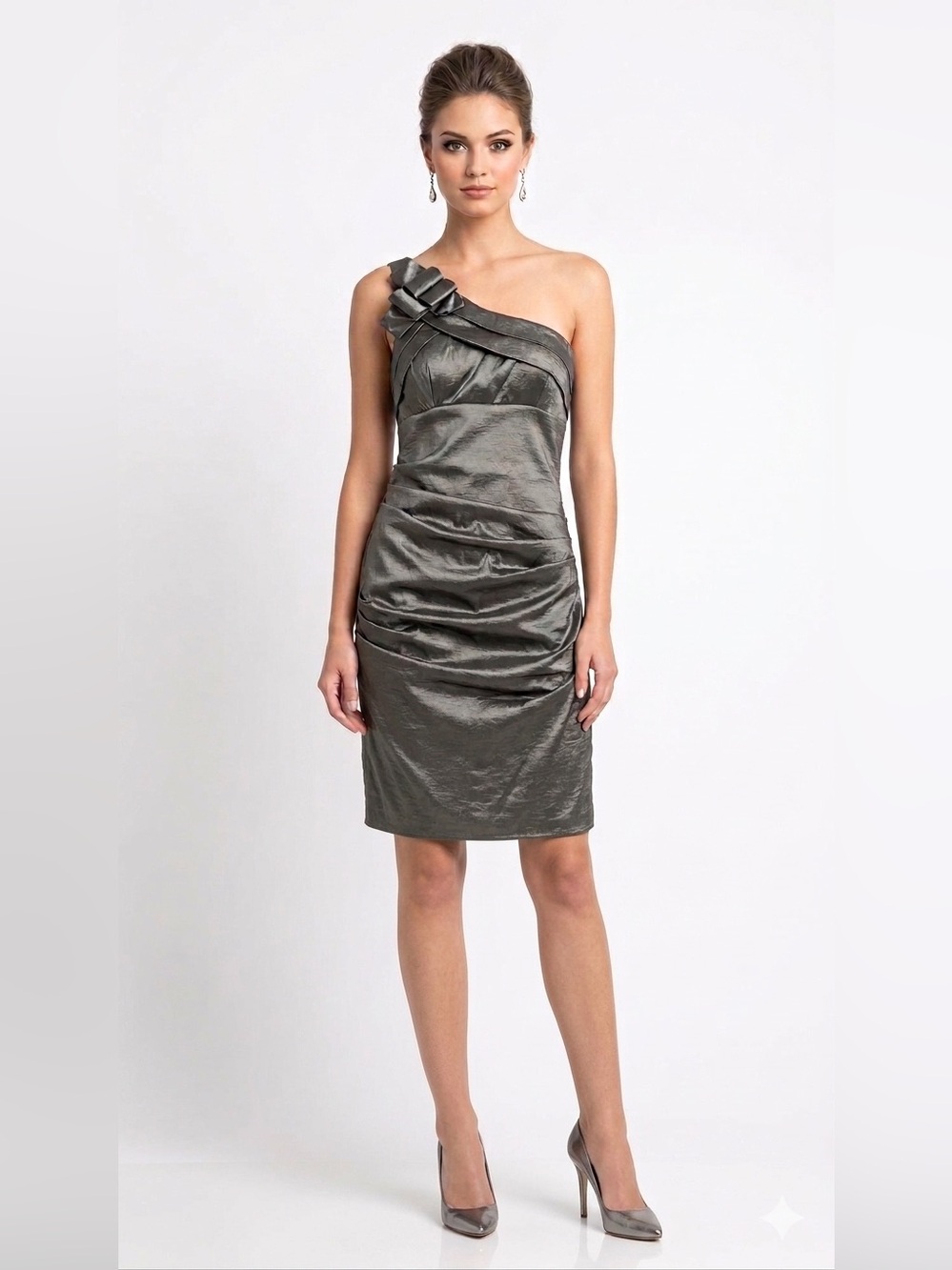 Jade Women Metallic Dress One-Shoulder Pewter Cocktail Dress Size 8 Built-in Bra